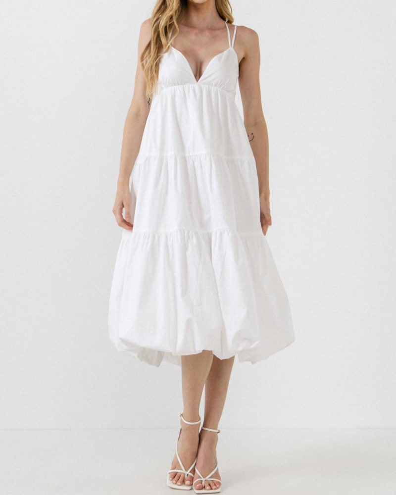 Front of a model wearing a size Large Alice Balloon Dress With Strappy Back Detail in White in White by English Factory. | dia_product_style_image_id:339247